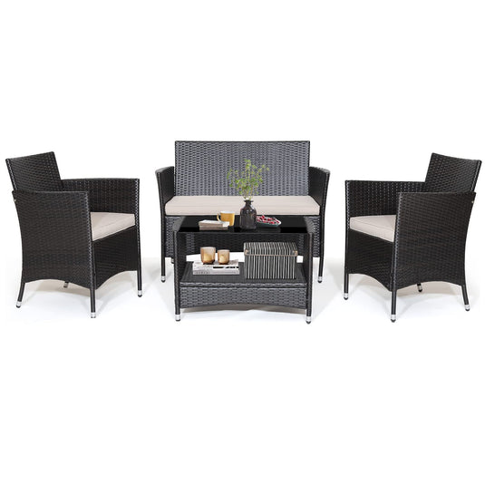 Goplus 4PCS Patio Rattan Furniture Set Armrest Cushion Sofa Coffee Table W/Shelf Garden