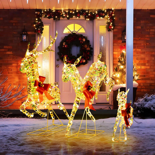 Goplus Christmas Lighted Reindeer, Set of 3 Reindeer Decorations with LED Lights and Red Bows