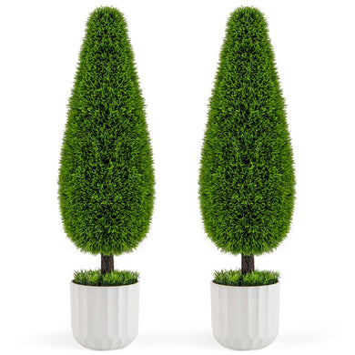 Goplus 3ft Artificial Cedar Teardrop Shaped Topiary Tree, 2 Pack Faux Potted Plants with Plastic Nursery Pot