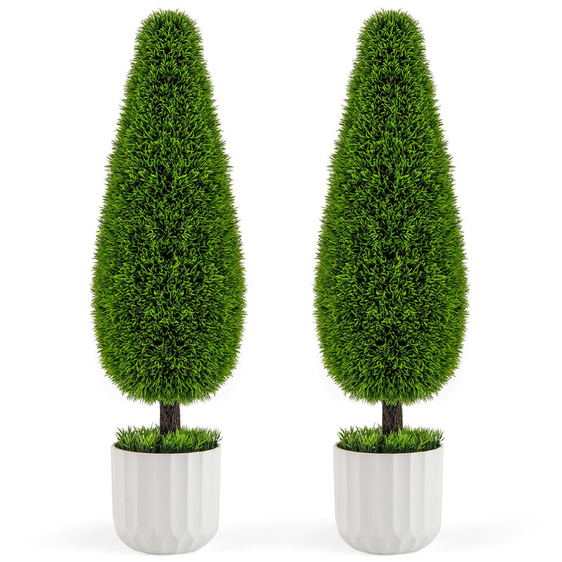 Load image into Gallery viewer, Goplus 3ft Artificial Cedar Teardrop Shaped Topiary Tree, 2 Pack Faux Potted Plants with Plastic Nursery Pot
