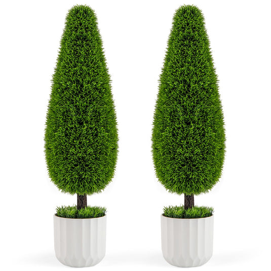 Goplus 3ft Artificial Cedar Teardrop Shaped Topiary Tree, 2 Pack Faux Potted Plants with Plastic Nursery Pot