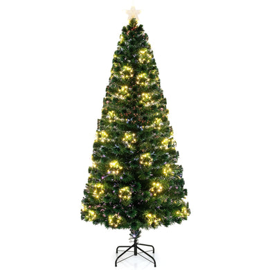 Goplus 7ft Pre-Lit Fiber Optic Christmas Tree, Artificial Lighted Xmas Tree with 48 Warm-White Shape-Adjustable Star String Lights