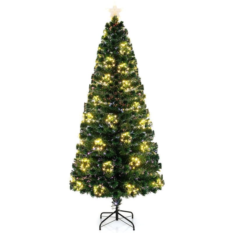 Load image into Gallery viewer, Goplus 7ft Pre-Lit Fiber Optic Christmas Tree, Artificial Lighted Xmas Tree with 48 Warm-White Shape-Adjustable Star String Lights
