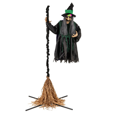 Goplus Witch with Broomstick Halloween Animatronic, Life Size Animated Halloween Prop with Laughing and Screaming Sound