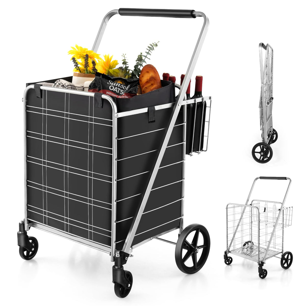 Goplus Shopping Cart for Groceries, Jumbo Upgraded Folding Grocery Cart with Waterproof Liner