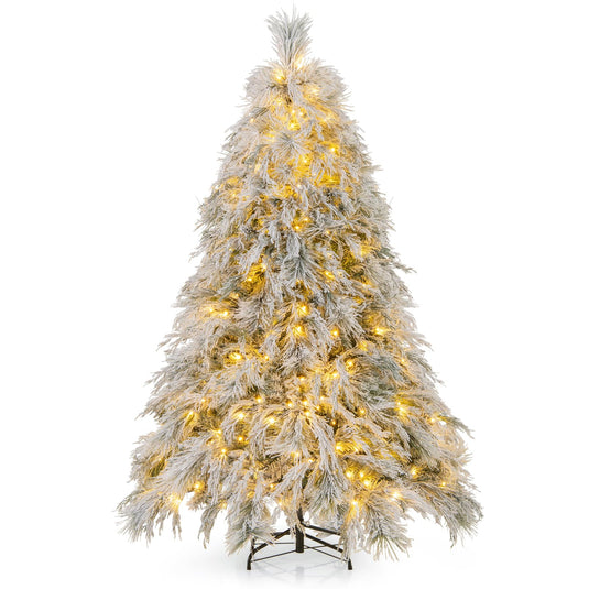 Goplus 6ft Pre-Lit Snow Flocked Christmas Tree, Artificial Hinged Full Xmas Tree with 519 PVC & Pine Needles