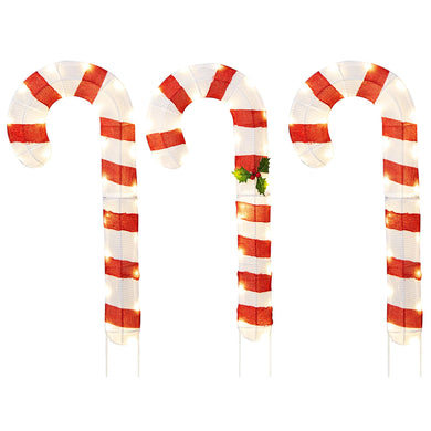 Goplus Lighted Candy Canes, Set of 3 Christmas Tinsel Candy Cane Decoration with 75 Warm White LED Lights