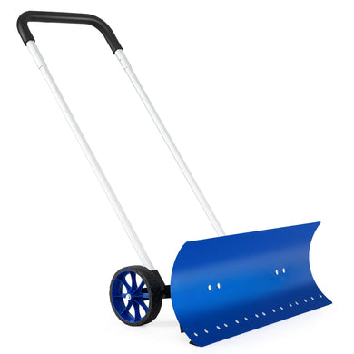 Goplus Snow Shovel for Driveway, Aluminum Snow Pusher with Wheels & 37.5” Extra Wide Bi-Directional Blade