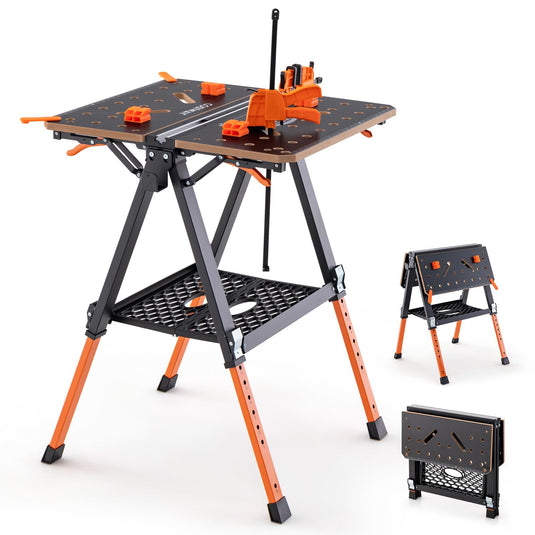 Goplus 2-in-1 Workbench, Easy Setup Folding Work Table with 4 Clamp Dogs