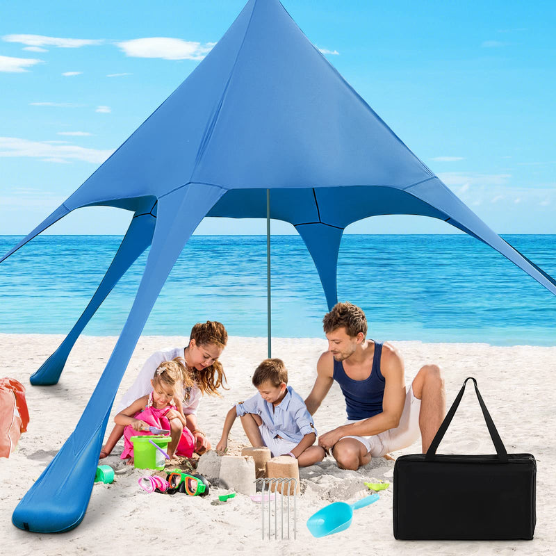 Goplus Beach Canopy, 20 x 20 ft Beach Shade with UPF50+ Sun Protection, Carrying Bag, Sand Shovel, Aluminum Pole, 6 Ground Stake, Blue