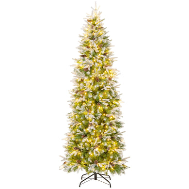 Goplus 7.5 FT Pre-Lit Pencil Christmas Tree, Artificial Snow Flocked Hinged Fake Slim Xmas Tree with 350 Warm-White LED Lights