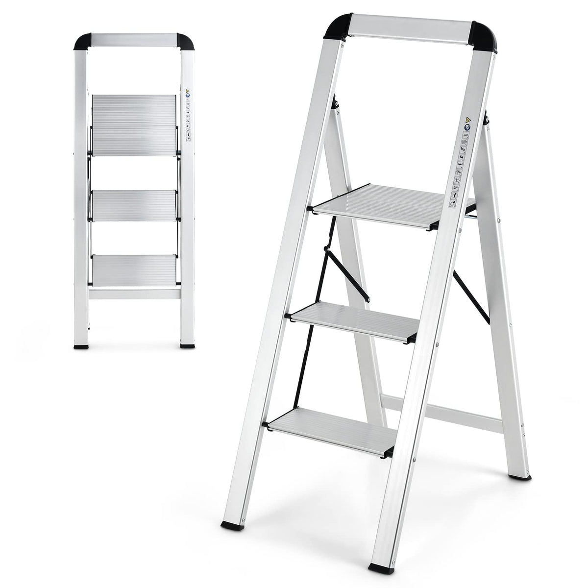 Goplus 3-Step Ladder, Aluminum Folding Step Stool w/Non-Slip Pedal & Footpads, Load up to 330 LBS