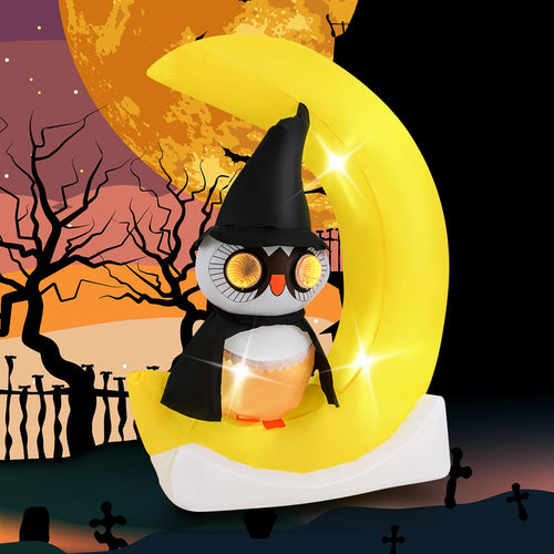 Goplus 5.1 Ft Halloween Inflatables, Pre-Lit Owl on The Moon with Witch Hat