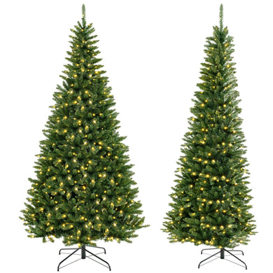 Goplus 8 FT 270° Pre-Lit Corner Christmas Tree for Wall, Artificial Hinged Xmas Tree with 360 Warm White LED Lights