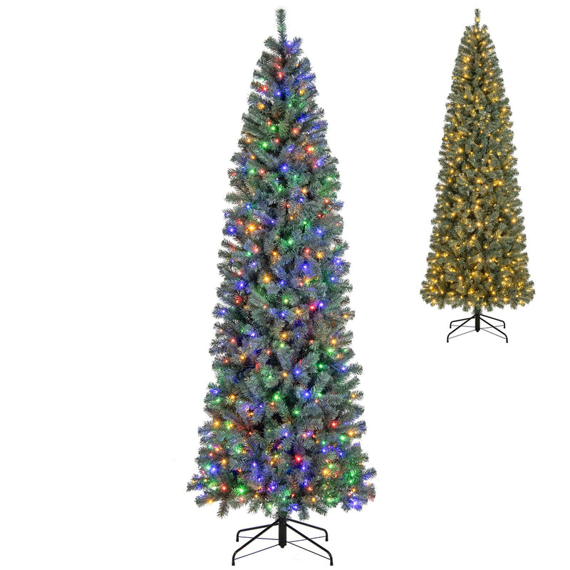 Load image into Gallery viewer, Goplus 9ft Pre-Lit Blue Slim Pencil Christmas Tree with 500 Warm White &amp; Multicolored LED Lights, 9 Modes, 1168 Branch Tips
