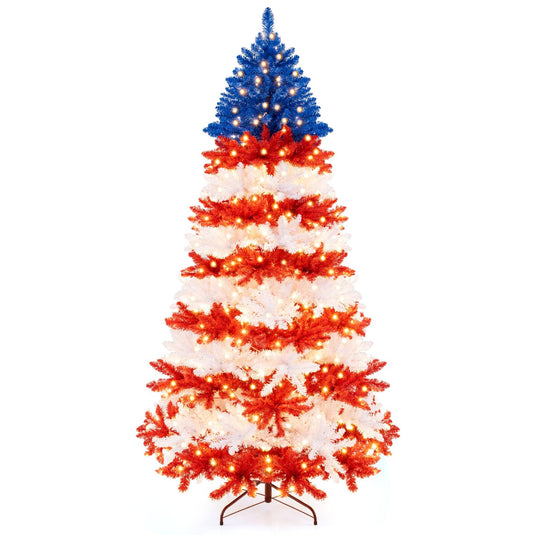 Goplus 7.5 FT Pre-Lit Patriotic Artificial Christmas Tree, Flag-Themed Hinged Xmas Tree with 480 Warm White LED Lights