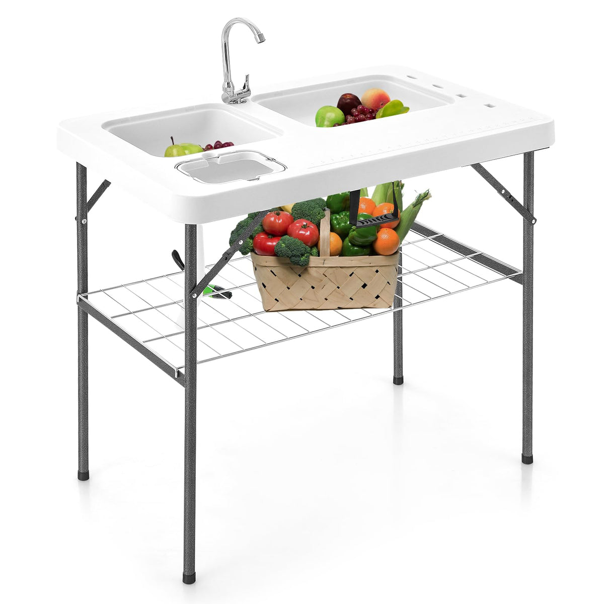 Goplus 40'' Folding Fish Cleaning Table with Dual Water Basins