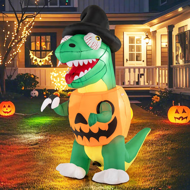 Goplus 6 FT Inflatable Pumpkin Dinosaur, Blow up Yard Decoration with Built-in LED Lights & Witch Hat