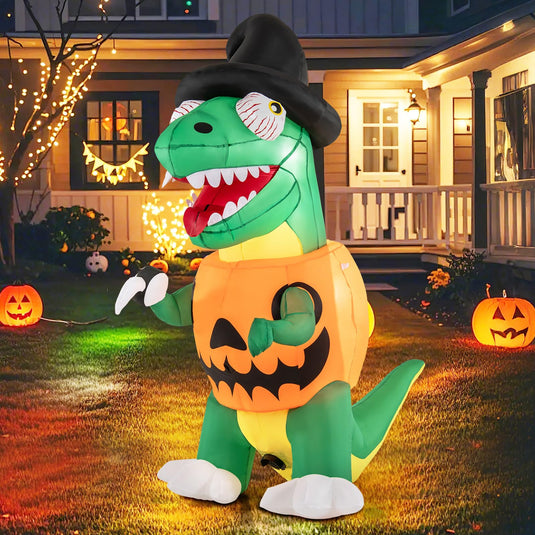 Goplus 6 FT Inflatable Pumpkin Dinosaur, Blow up Yard Decoration with Built-in LED Lights & Witch Hat