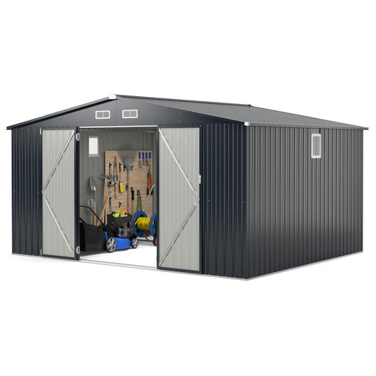 Goplus 12 x 9.8 FT Outdoor Storage Shed, All-Weather & Rustproof Galvanized Metal Utility Tool Shed w/Lockable Door, Pitched Roof