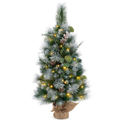 Goplus 3ft Pre-Lit Mini Tabletop Christmas Tree with 30 Warm White LED Lights, Timer, 98 Flocked PVC & Pine Needles