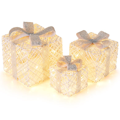 Goplus Set of 3 Christmas Lighted Gift Boxes, 90 LED Light up Present Boxes with Bows