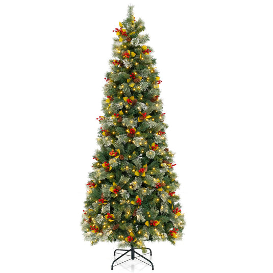 Goplus 7.5ft Pre-Lit Artificial Christmas Tree, Hinged Xmas Tree with 1096 PVC & Pine Needles