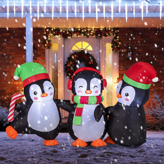 Goplus 6FT Christmas Inflatables, LED Lighted Xmas Inflatable Penguin Family Hand in Hand