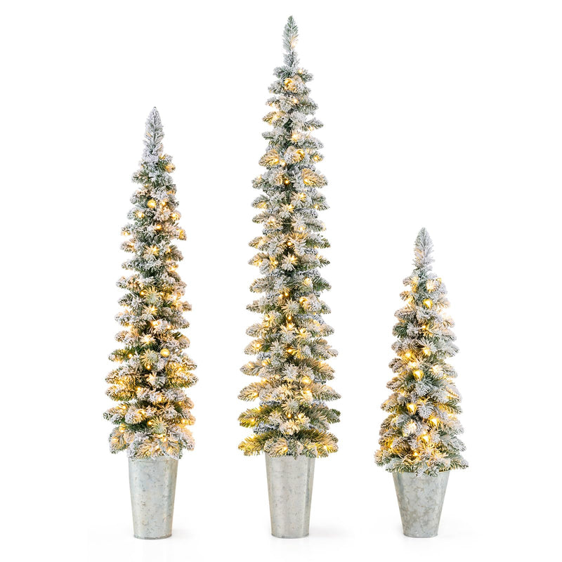 Load image into Gallery viewer, Goplus 3&#39; 4&#39; 5&#39; Pre-Lit Snow Flocked Christmas Tree Set of 3, Slim Pencil Artificial Potted Xmas Trees with 423 Branch Tips
