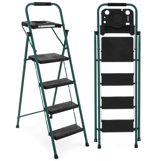 Goplus Folding Step Ladder, 4-Step Ladder w/Tool Tray, Non-Slip Footpads & Pedals