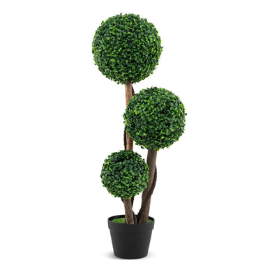 Goplus 3ft Artificial Boxwood Topiary Ball Tree, Faux Potted Plants with Solid Wood Trunks