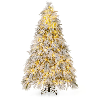 Goplus 7ft Pre-Lit Snow Flocked Christmas Tree, Artificial Hinged Full Xmas Tree with 743 PVC & Pine Needles