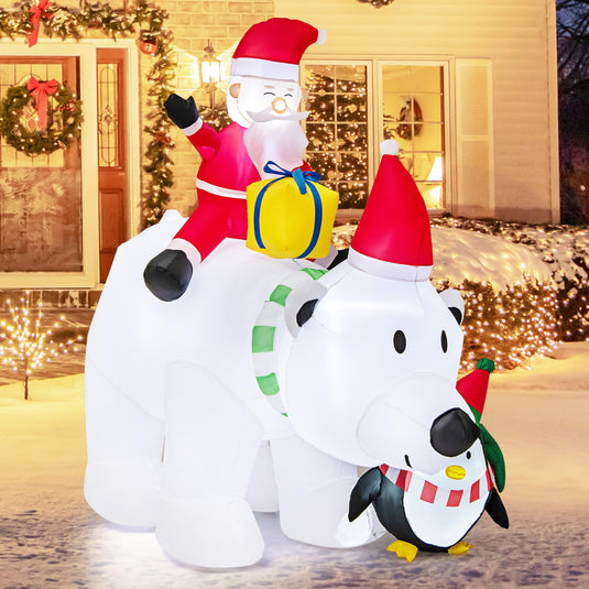 Goplus 7FT Christmas Inflatables, LED Lighted Xmas Inflatable Polar Bear with Shaking Head, Santa & Penguin