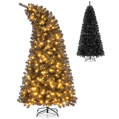 Goplus 7 FT Artificial Halloween Tree, Pre-Lit Black Christmas Tree with Bendable Top Section