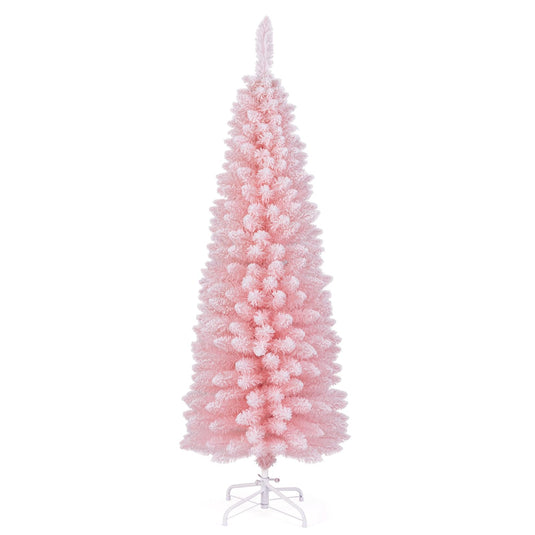 Goplus 5ft Pink Slim Pencil Christmas Tree, Artificial Unlit Skinny Xmas Full Tree with 328 Branch Tips