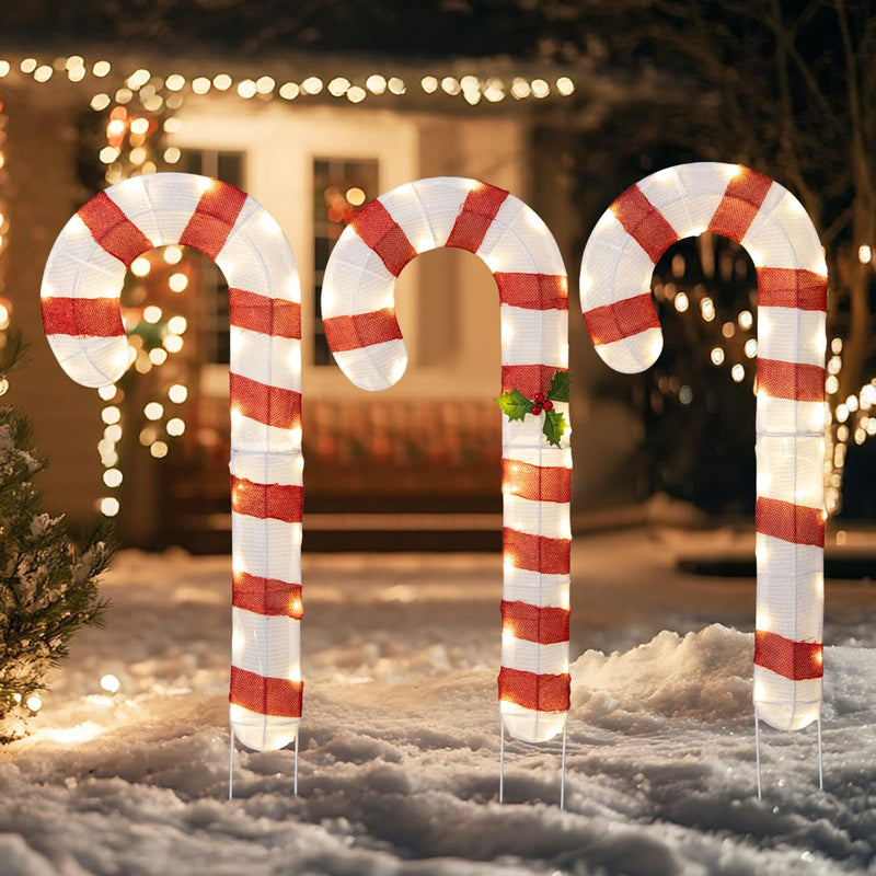 Load image into Gallery viewer, Goplus Lighted Candy Canes, Set of 3 Christmas Tinsel Candy Cane Decoration with 75 Warm White LED Lights
