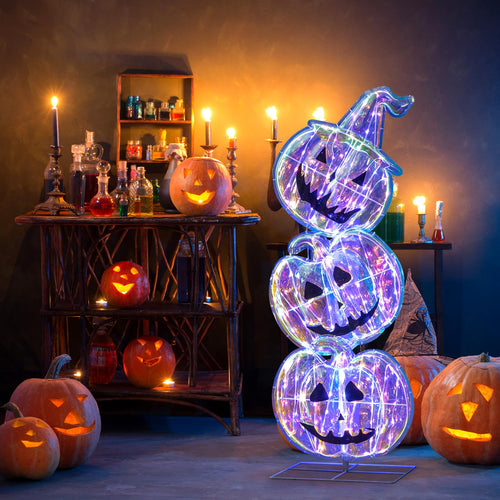 Goplus 3.4 Ft Halloween Decorations, Light up Stacked Pumpkins with 150 LED Lights