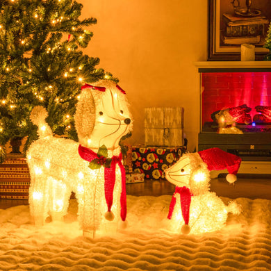 Goplus Pre-lit 2 Pieces Poodle Dogs Family, Lighted Christmas Yard Decor with 60 Warm White LED Lights