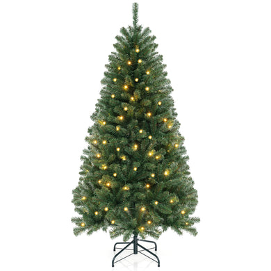 Goplus 6ft Pre-Lit Christmas Tree, Artificial Hinged Xmas Tree with 200 Warm White LED Lights