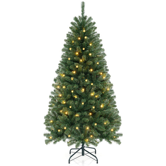 Goplus 6ft Pre-Lit Christmas Tree, Artificial Hinged Xmas Tree with 200 Warm White LED Lights