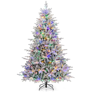 Goplus 7ft Pre-Lit Snow Flocked Christmas Tree, Artificial Hinged Full Xmas Tree with 350 Multicolored LED Lights