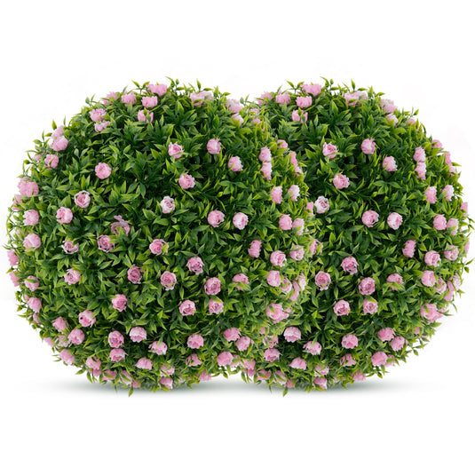 Goplus 17.5 Inch Topiary Balls Artificial Outdoor Set of 2, Faux Greenery Balls with Pink Flowers