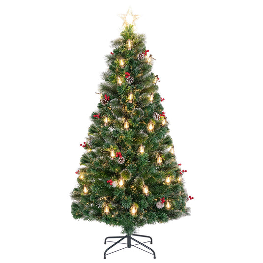 Goplus Pre-Lit Fiber Optic Christmas Tree, Artificial Snowy Xmas Tree with Warm White LED Lights