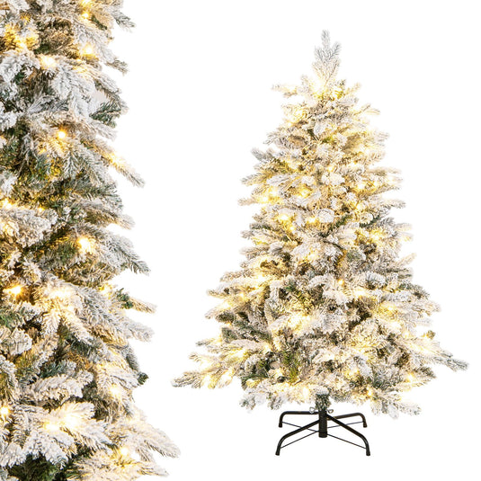 Goplus Pre-Lit Snow Flocked Christmas Tree, Artificial Hinged Xmas Tree with Branch Tips, PE & PVC Mixed Leaves