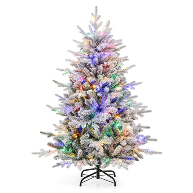 Goplus 4.5ft Pre-Lit Snow Flocked Christmas Tree, Artificial Hinged Full Xmas Tree with 160 Multicolored LED Lights