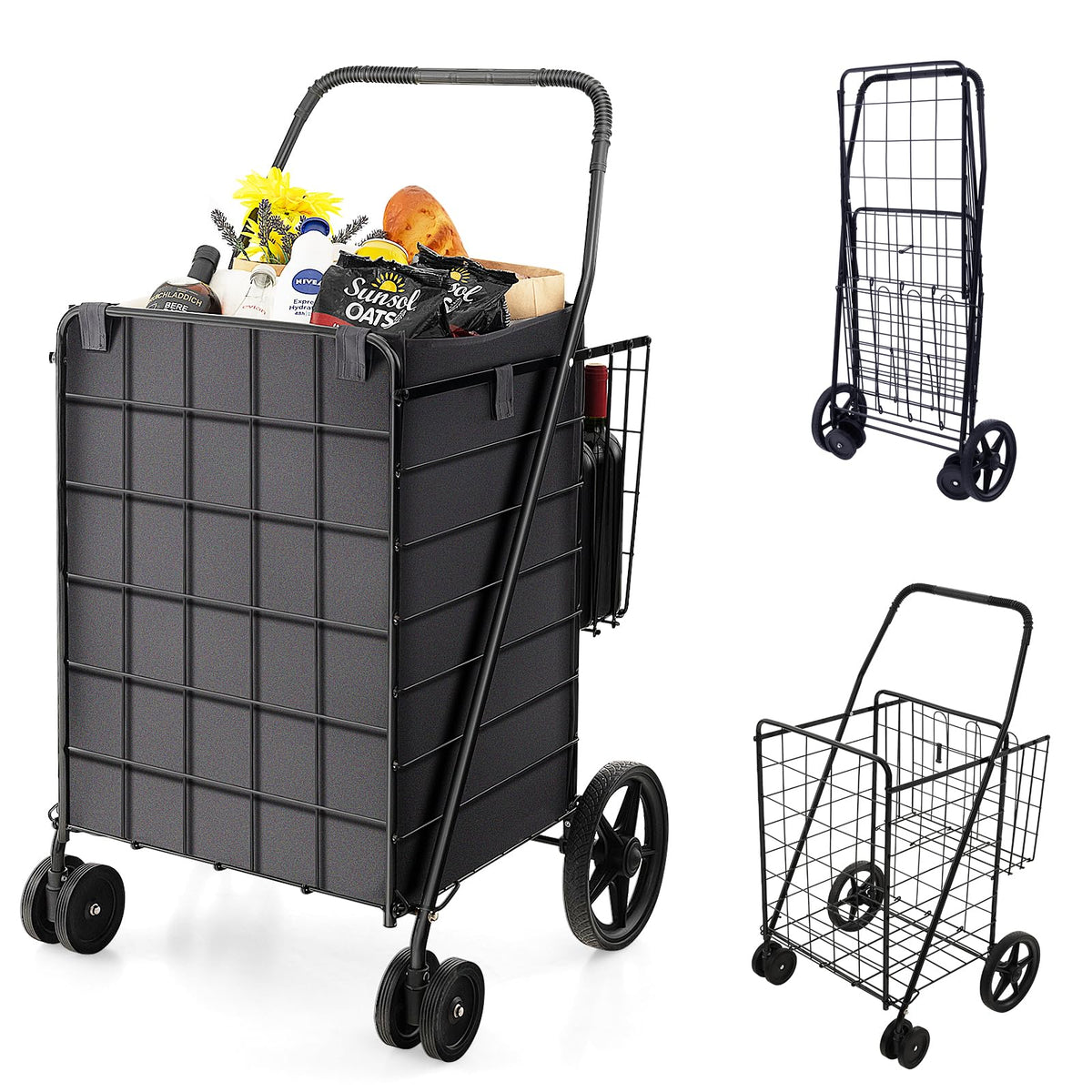 Goplus Folding Shopping Cart for Groceries, 330 LBS Weight Capacity, 360° Rolling Swivel Wheels and Double Basket
