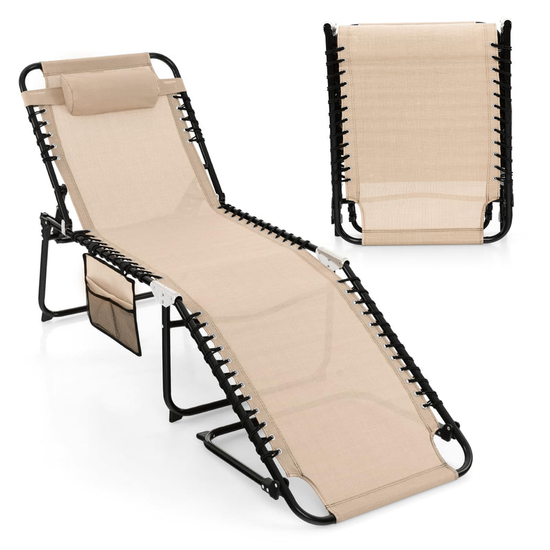 Load image into Gallery viewer, Goplus Beach Lounge Chair, Folding Chaise Lounger with Detachable Pillow &amp; Adjustable 4-Level Backrest &amp; 2-Level Footrest
