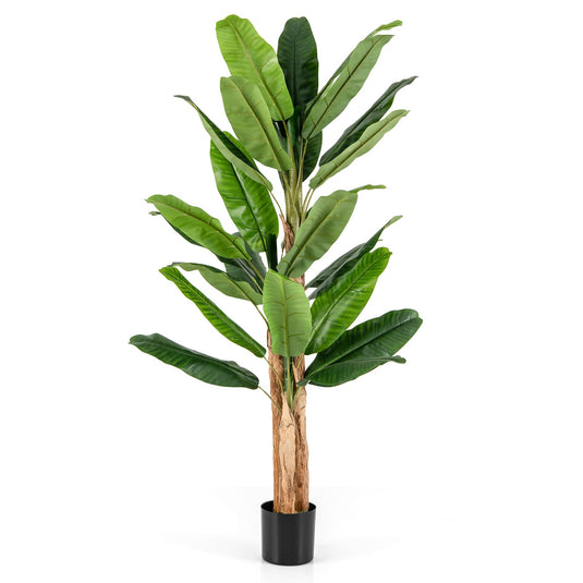 Goplus 6.5 FT Tall Artificial Banana Tree, Fake Banana Tree w/ 27 Large Leaves, Triple Stalks, Natural Bark