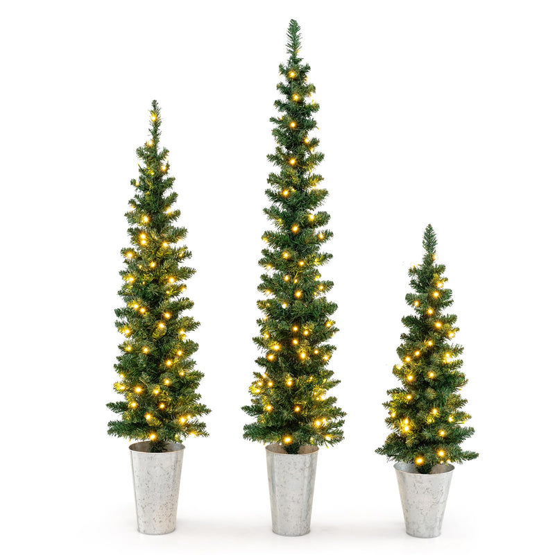 Load image into Gallery viewer, Goplus 3&#39; 4&#39; 5&#39; Pre-Lit Artificial Christmas Tree Set of 3, Slim Pencil Potted Xmas Tree with 423 Branch Tips, 230 Warm White LED Lights
