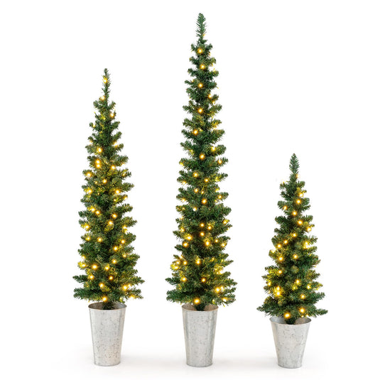 Goplus 3' 4' 5' Pre-Lit Artificial Christmas Tree Set of 3, Slim Pencil Potted Xmas Tree with 423 Branch Tips, 230 Warm White LED Lights